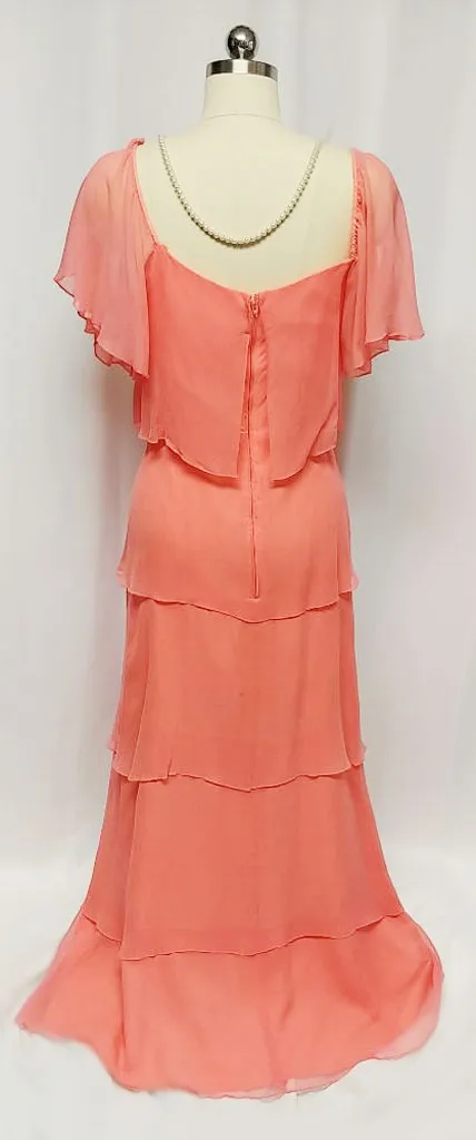*GLAMOROUS VINTAGE '60s / '70s 5-TIER TITANIC-LOOK CHIFFON EVENING GOWN IN APRICOT