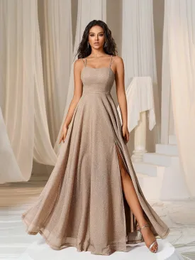 Glitter Backless Lace Up Split Cami Party Dress