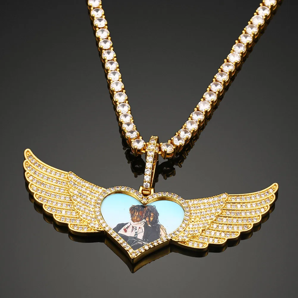 Hip Hop Necklace-Heart Medallion Necklace-Angel Wing Necklace