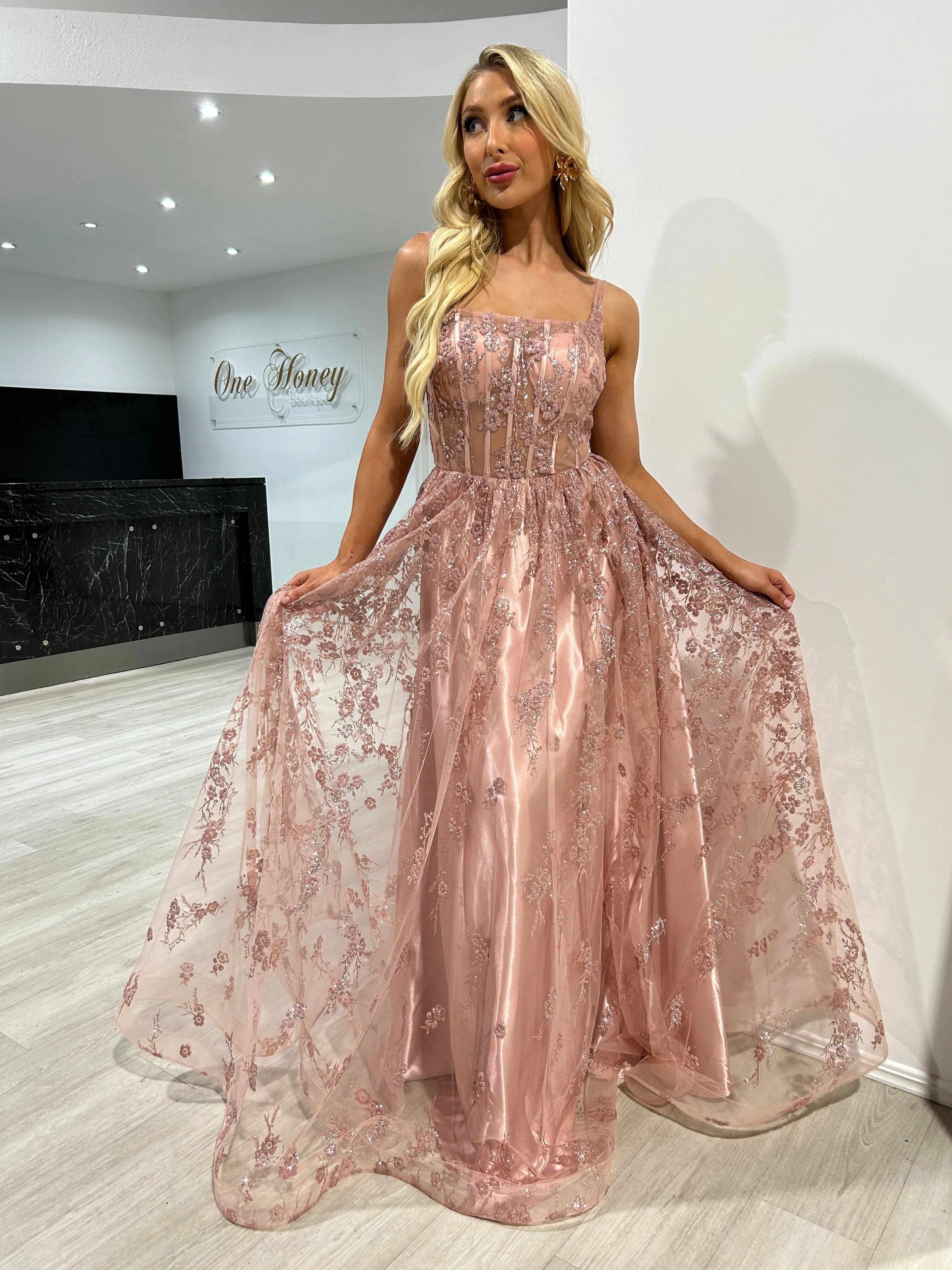 Honey Couture BELLAMY Rose Gold Glitter Ball Gown Formal Dress
