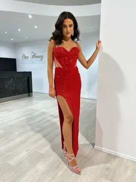 Honey Couture JAX Red Sequin Corset Bustier Mermaid Formal Dress