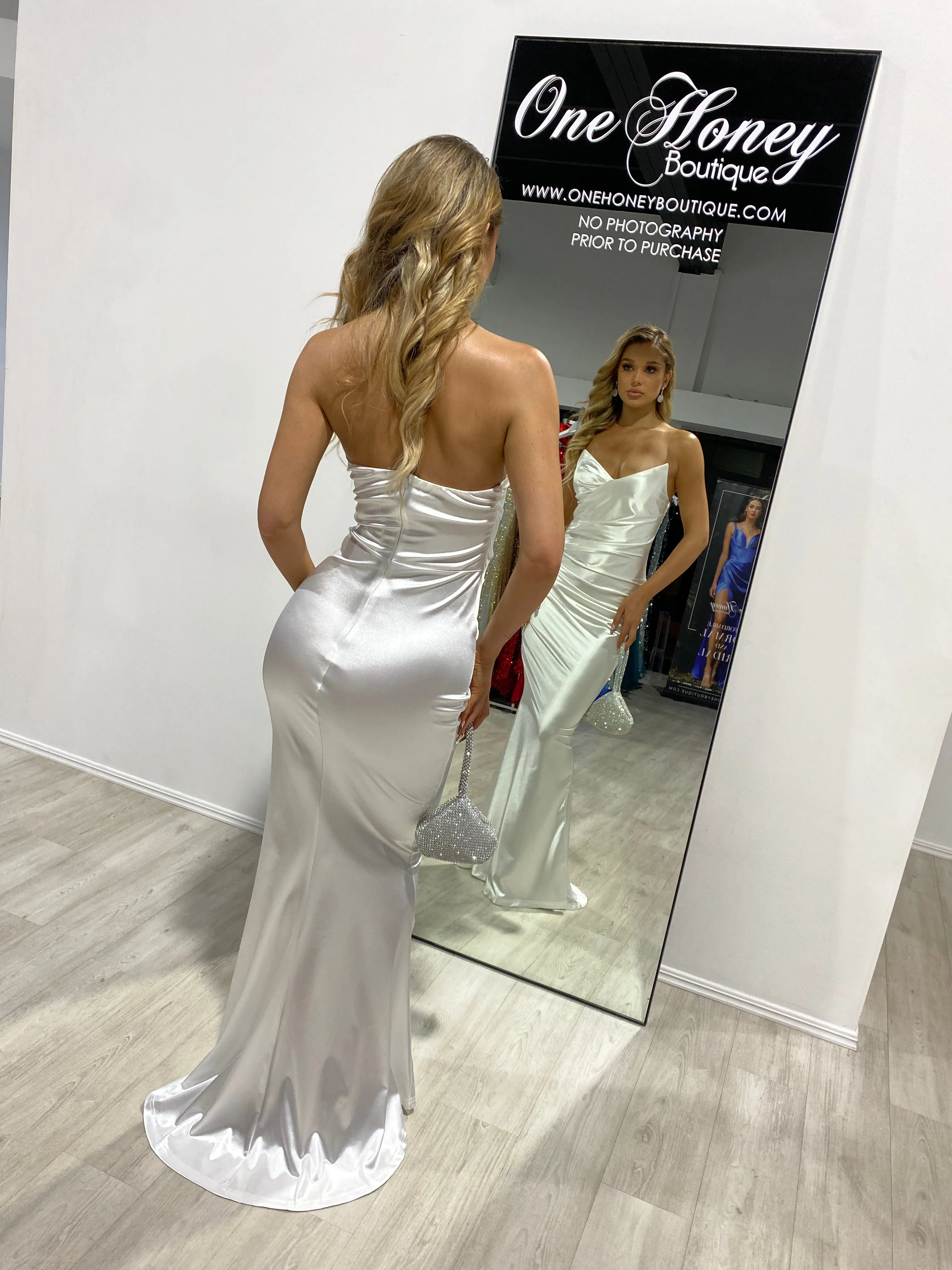 Honey Couture NIKOLE White Satin Strapless Silky Formal Dress
