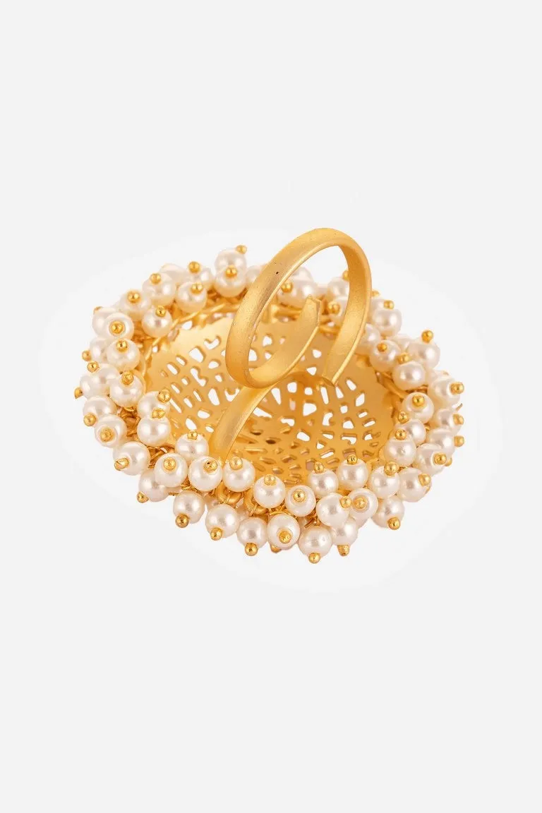 Jaali Pattern Pearl Embellished Hand Ring