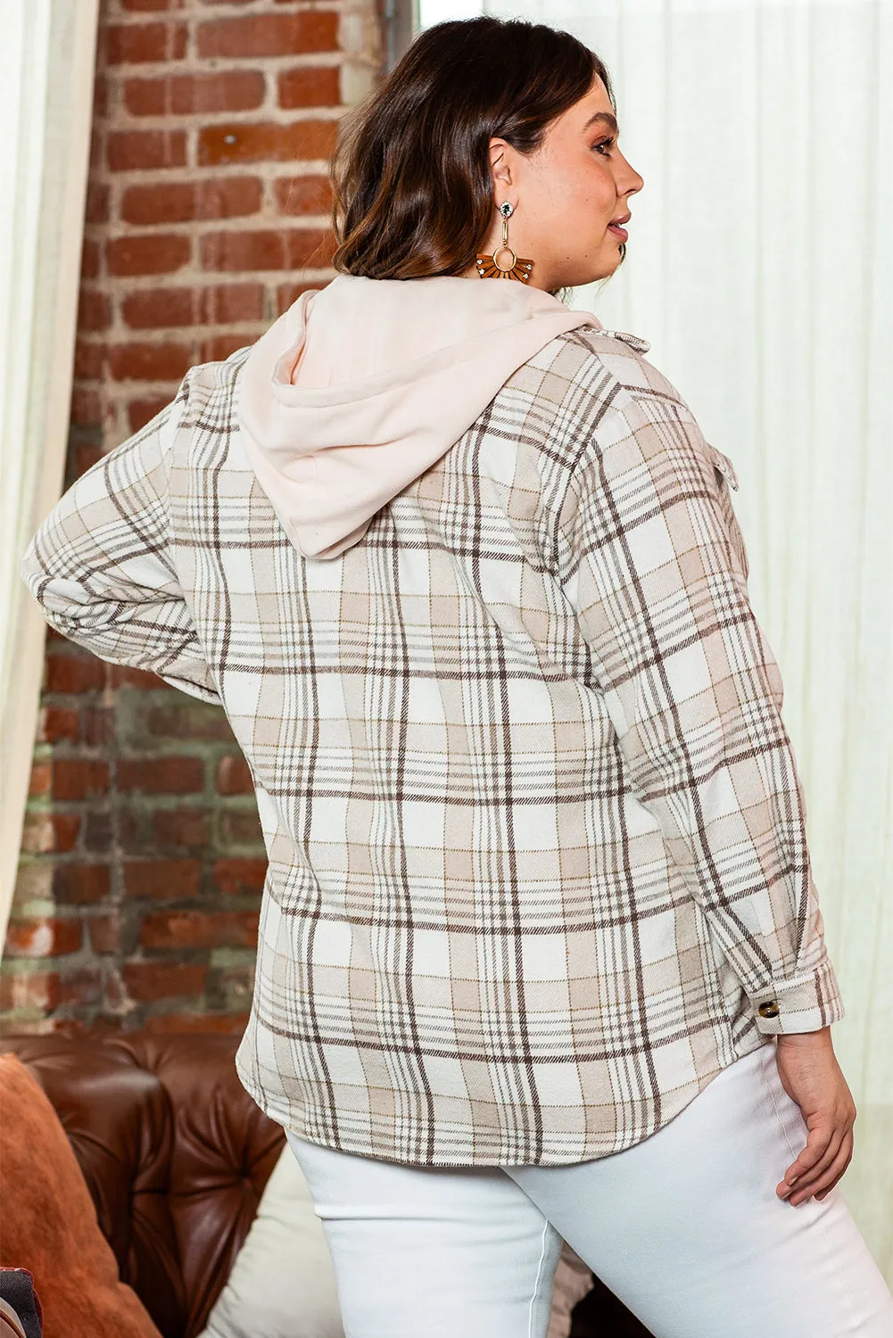 Khaki Printed Plus Size Plaid Print Contrast Hooded Shacket