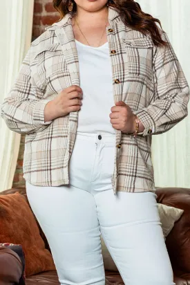 Khaki Printed Plus Size Plaid Print Contrast Hooded Shacket