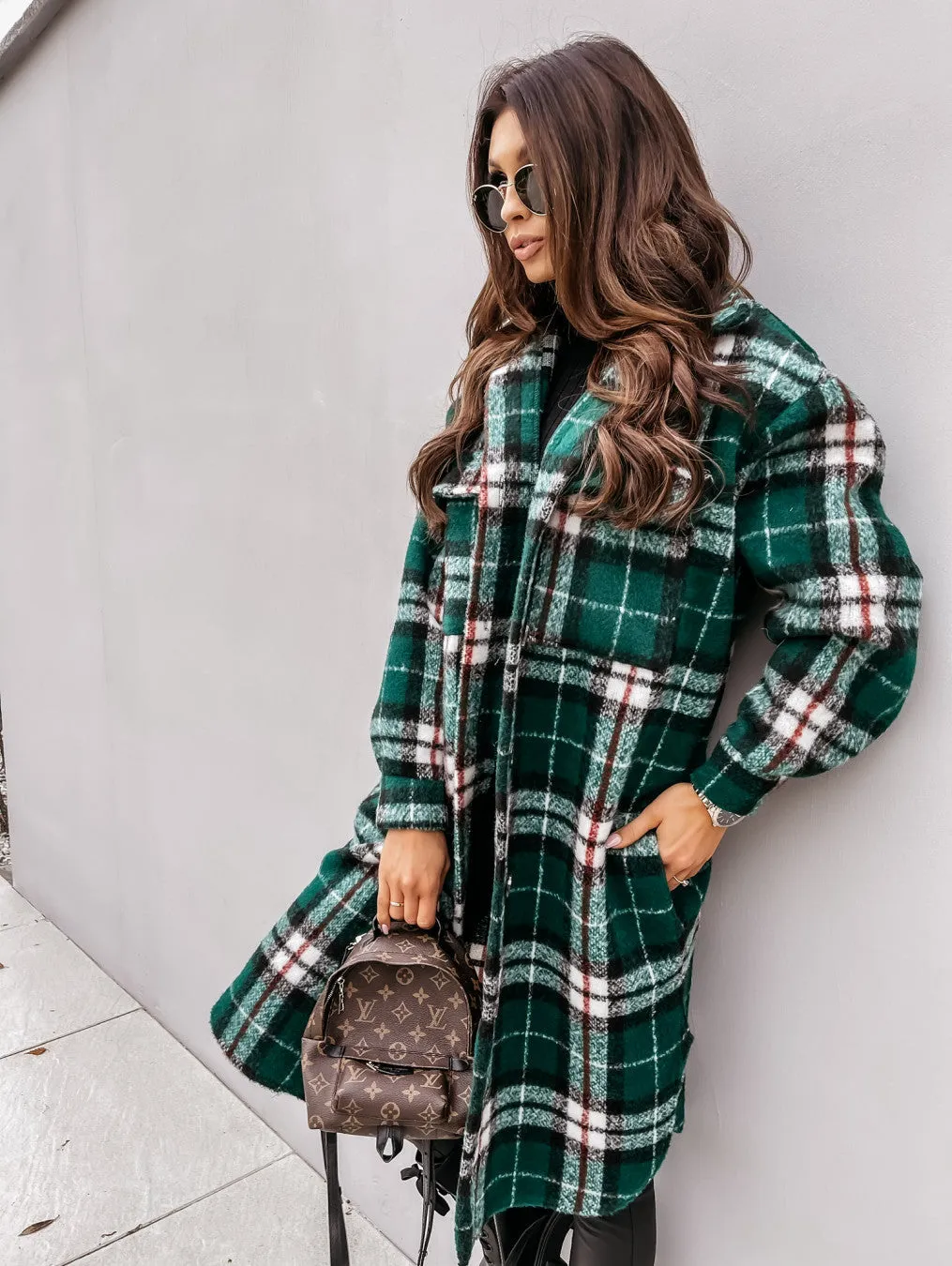 Lapel Button Up Plaid Long Sleeve Jacket Shirt