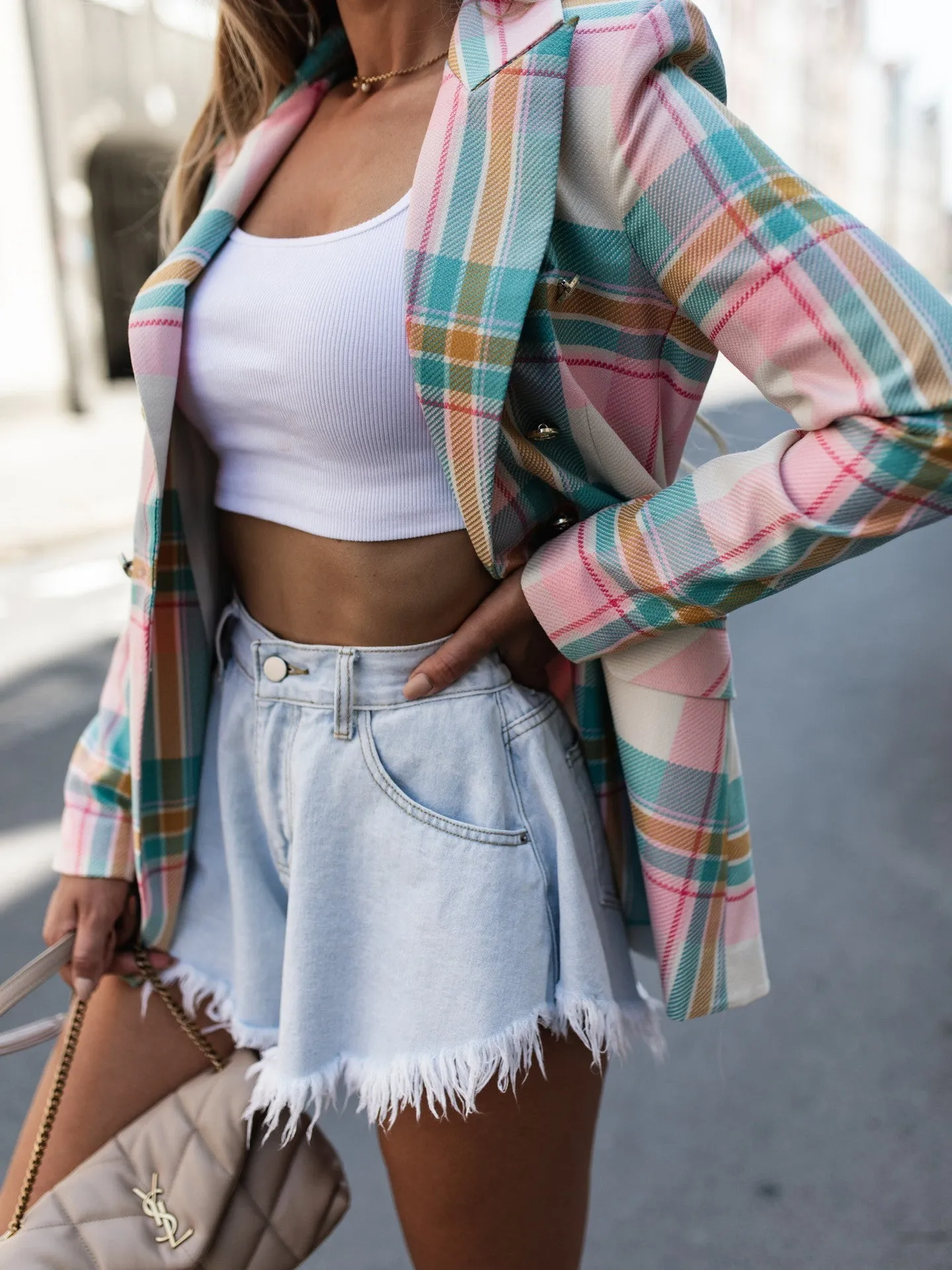 Lapel Collar Long Sleeve Double Breasted Plaid Jacket