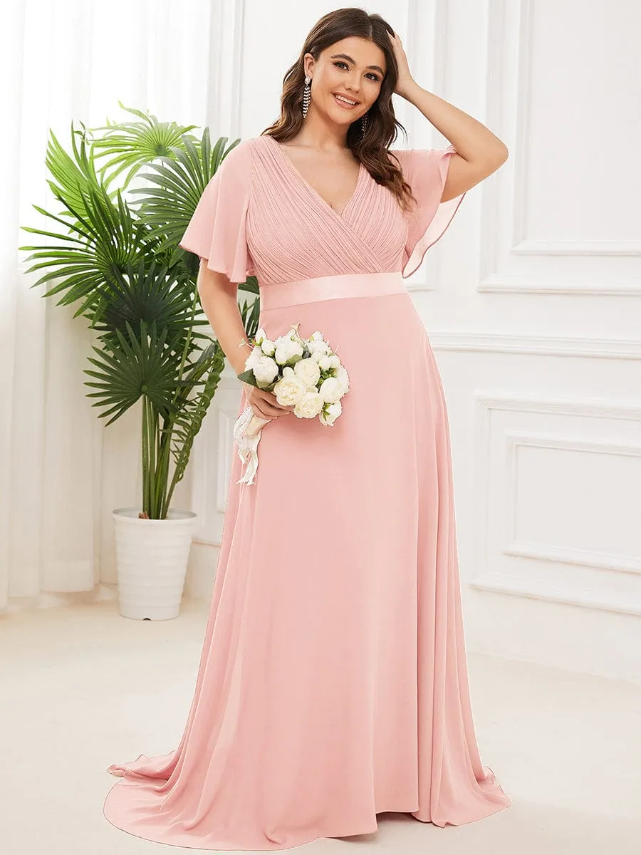 Long Chiffon Empire Waist Bridesmaid Dress with Short Flutter Sleeves