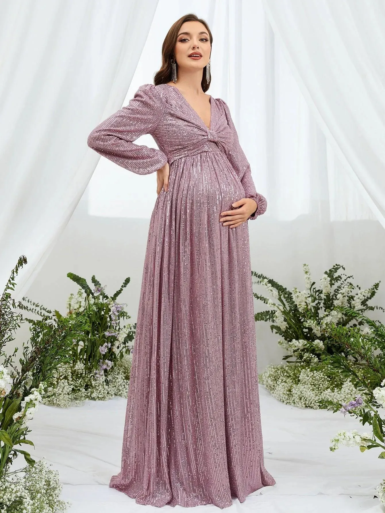 Maternity Ruched Bust Lantern Sleeve Sequin Party Dress