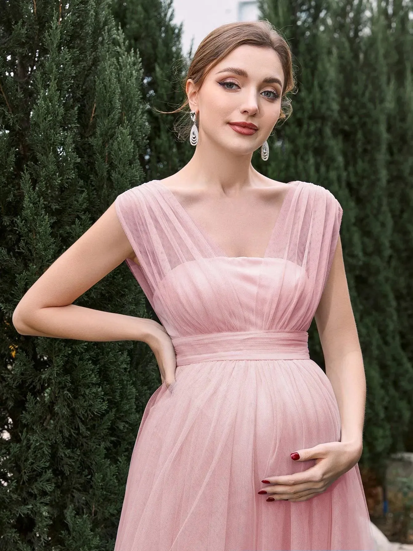 Maternity V Neck Backless Mesh Party Dress