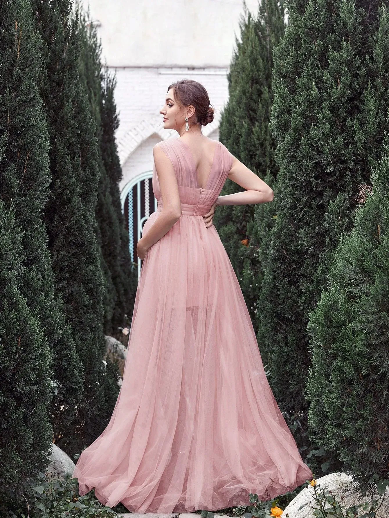 Maternity V Neck Backless Mesh Party Dress