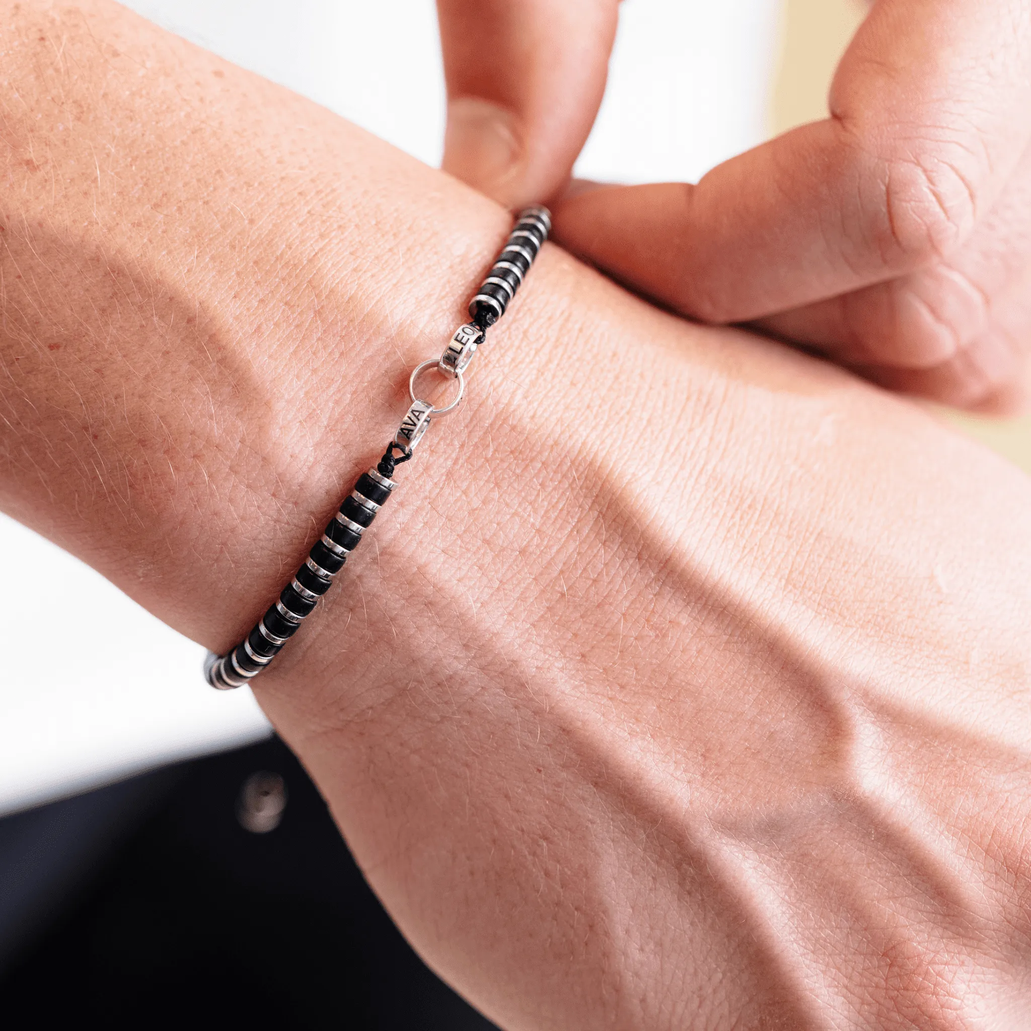 Men's Black Onyx Disc Bead & Forever Links Bracelet - 925 Sterling Silver