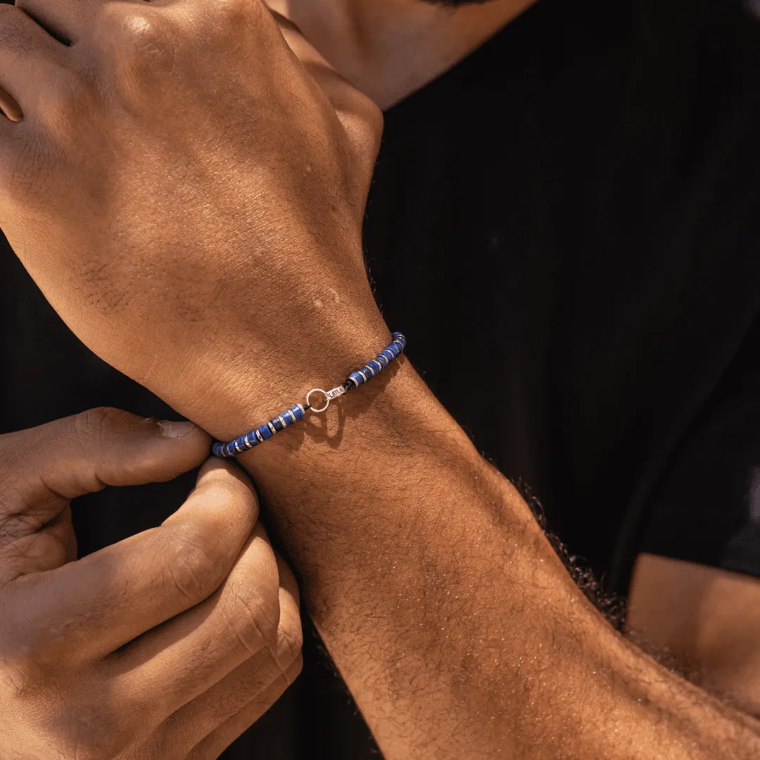 Men's Blue Lapis Disc Bead & Forever Links Bracelet - 14K White Gold