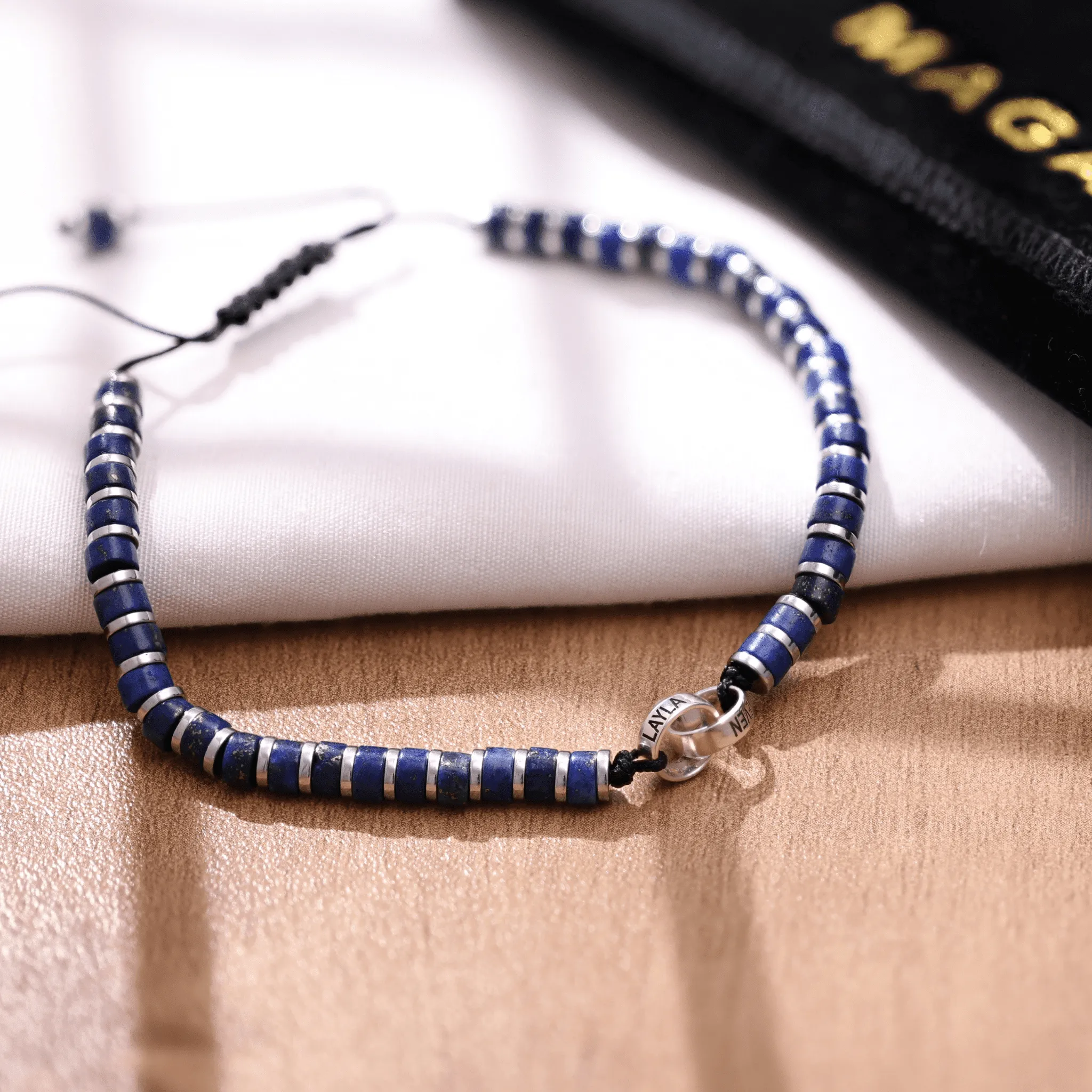 Men's Blue Lapis Disc Bead & Forever Links Bracelet - 14K White Gold