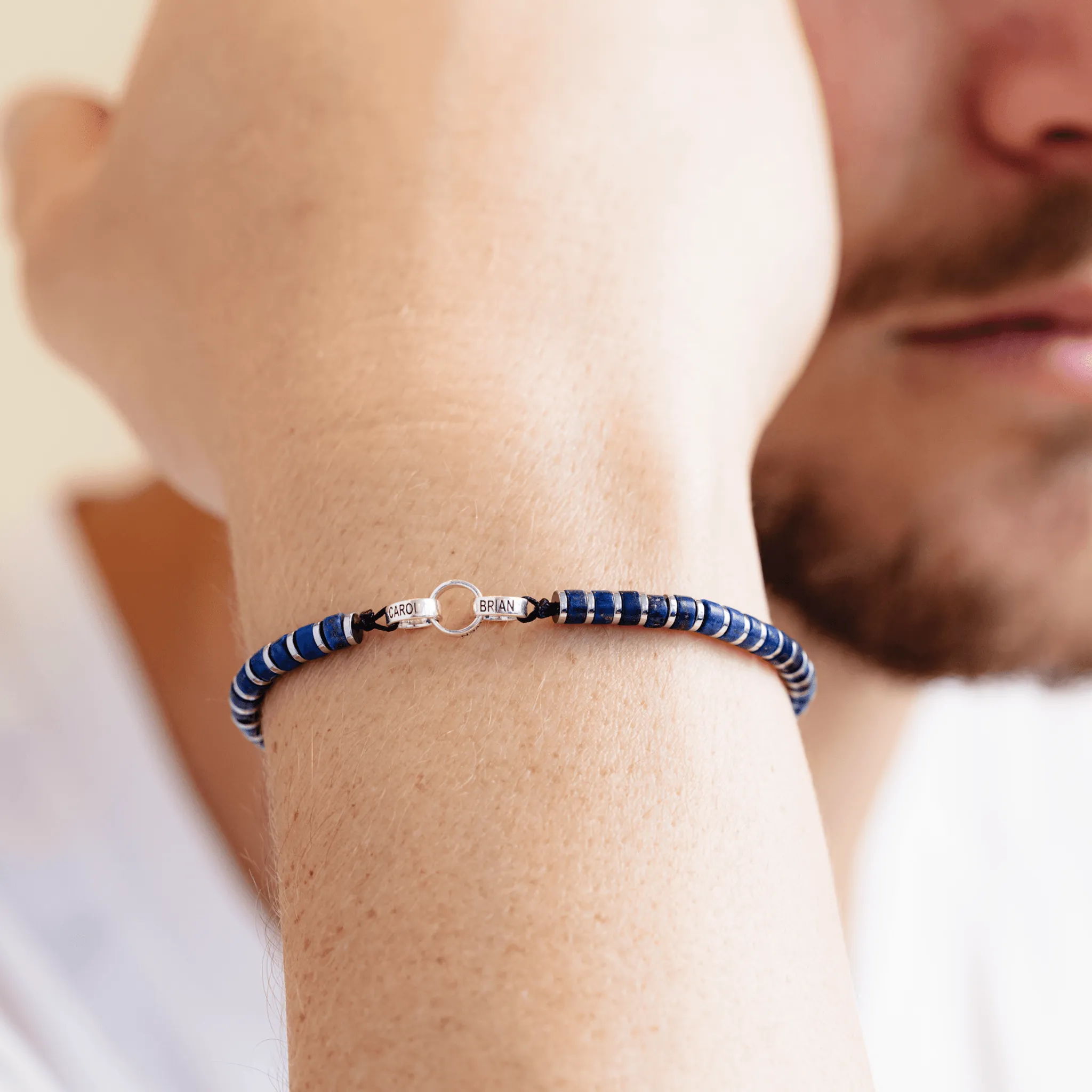 Men's Blue Lapis Disc Bead & Forever Links Bracelet - 14K White Gold
