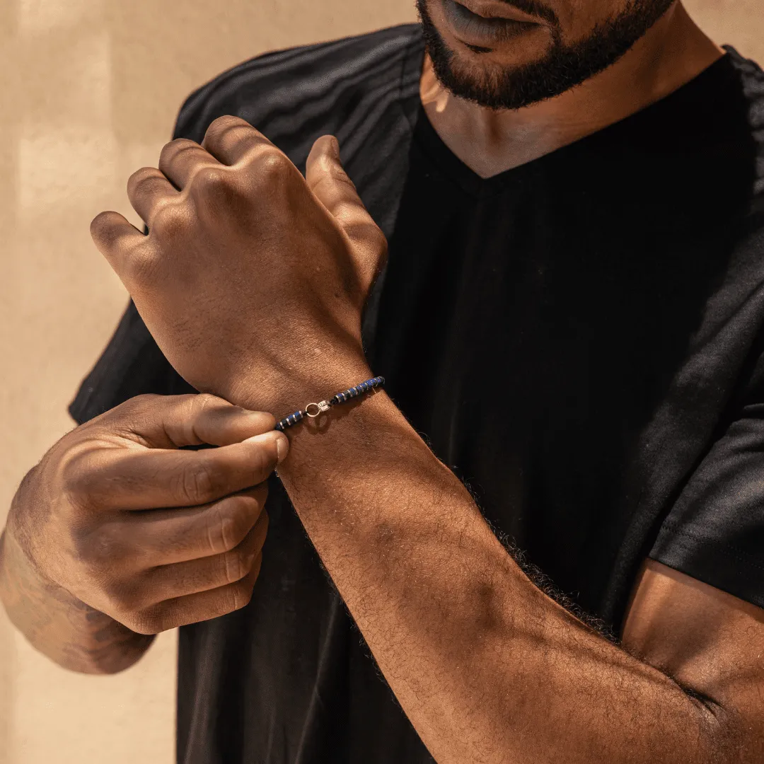 Men's Blue Lapis Disc Bead & Forever Links Bracelet - 14K White Gold