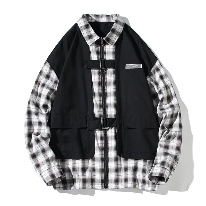 Men's Japanese Casual Fake Two Plaid Plaid Shirt Jacket
