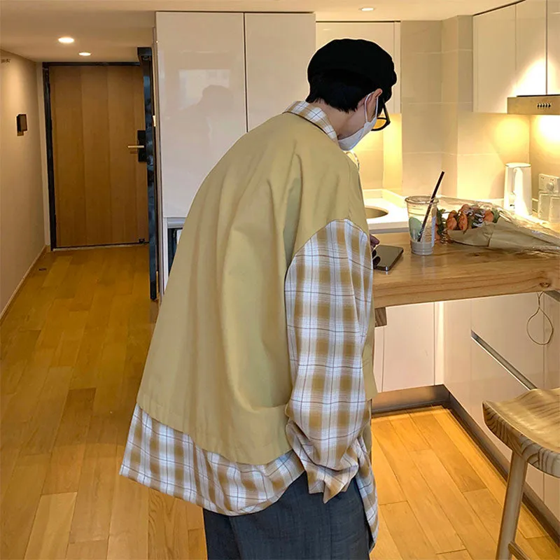 Men's Japanese Casual Fake Two Plaid Plaid Shirt Jacket