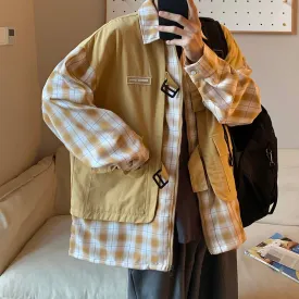 Men's Japanese Casual Fake Two Plaid Plaid Shirt Jacket