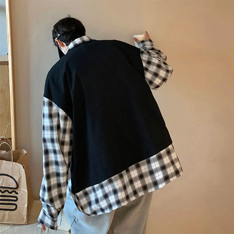 Men's Japanese Casual Fake Two Plaid Plaid Shirt Jacket