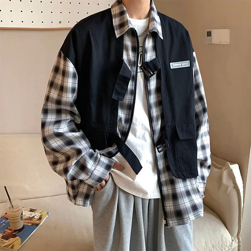 Men's Japanese Casual Fake Two Plaid Plaid Shirt Jacket