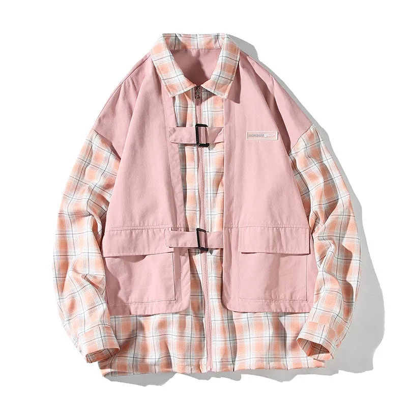 Men's Japanese Casual Fake Two Plaid Plaid Shirt Jacket