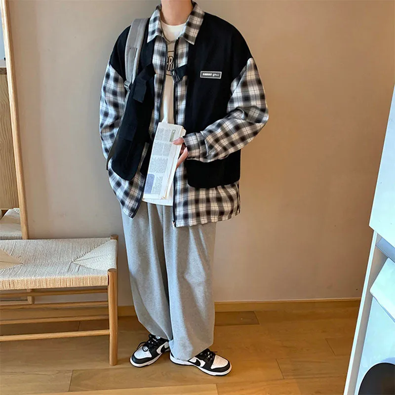 Men's Japanese Casual Fake Two Plaid Plaid Shirt Jacket