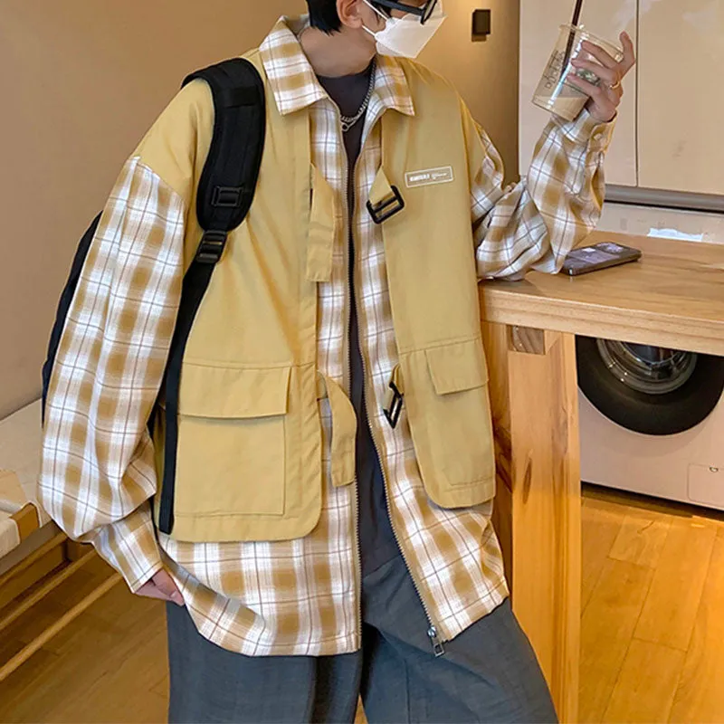 Men's Japanese Casual Fake Two Plaid Plaid Shirt Jacket