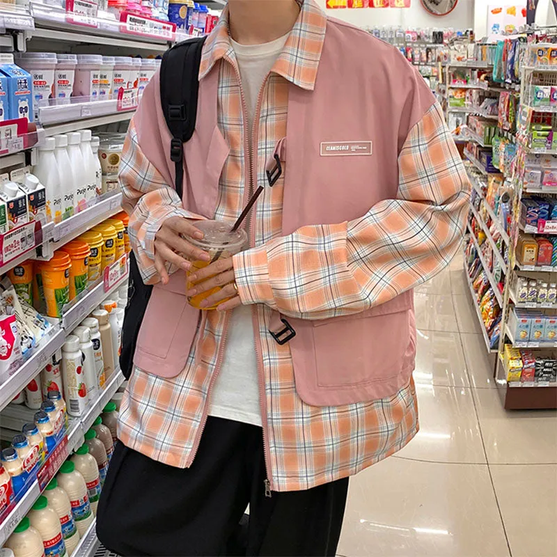 Men's Japanese Casual Fake Two Plaid Plaid Shirt Jacket