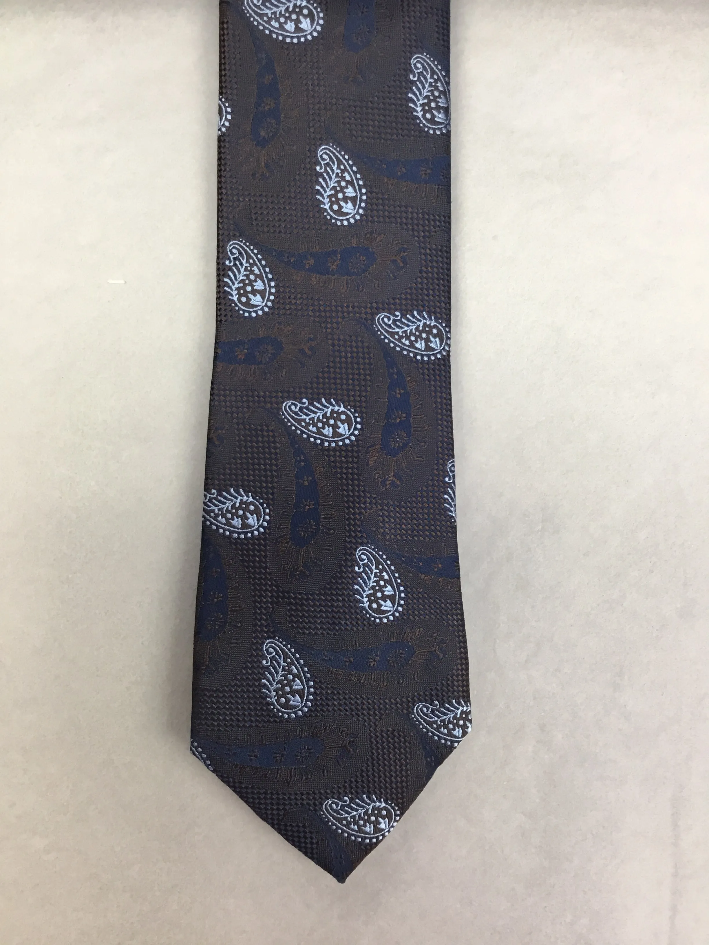 Mens Silk Tie Small Paisley Navy/Brown/Blue