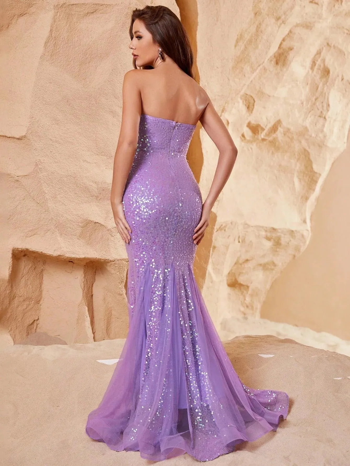 Mesh Insert Mermaid Hem Sequin Formal Prom Dress