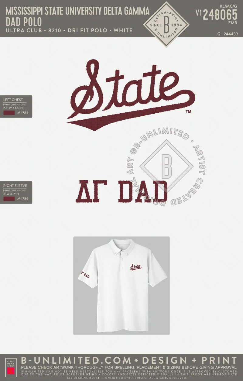 Mississippi State University Delta Gamma - Dad Polo - Ultra Club - 8210 - Dri Fit Polo - White
