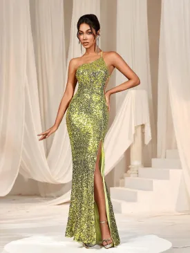 One Shoulder Backless Slit Sequin Dress