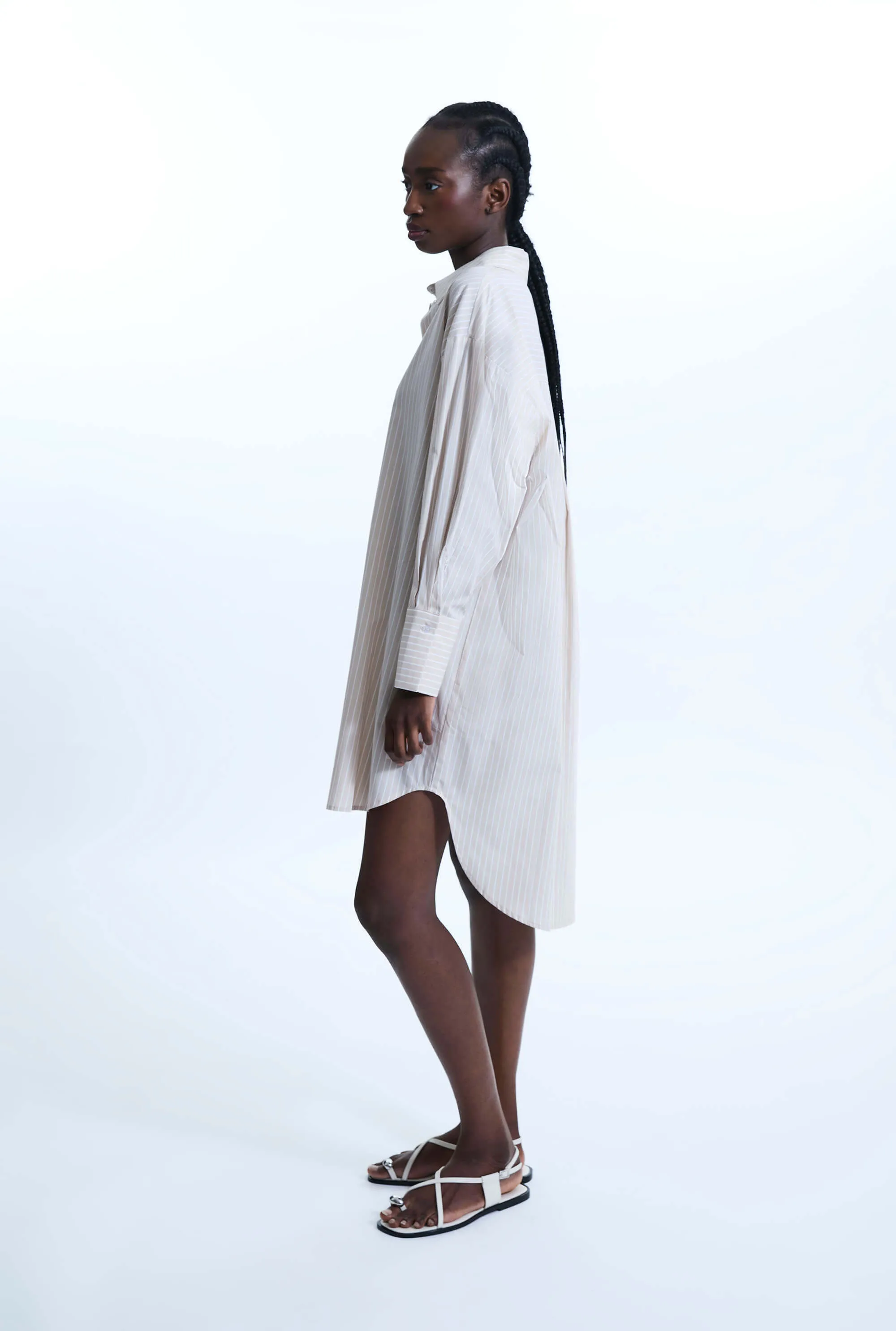 Oversized Stripped Shirt Beige-White