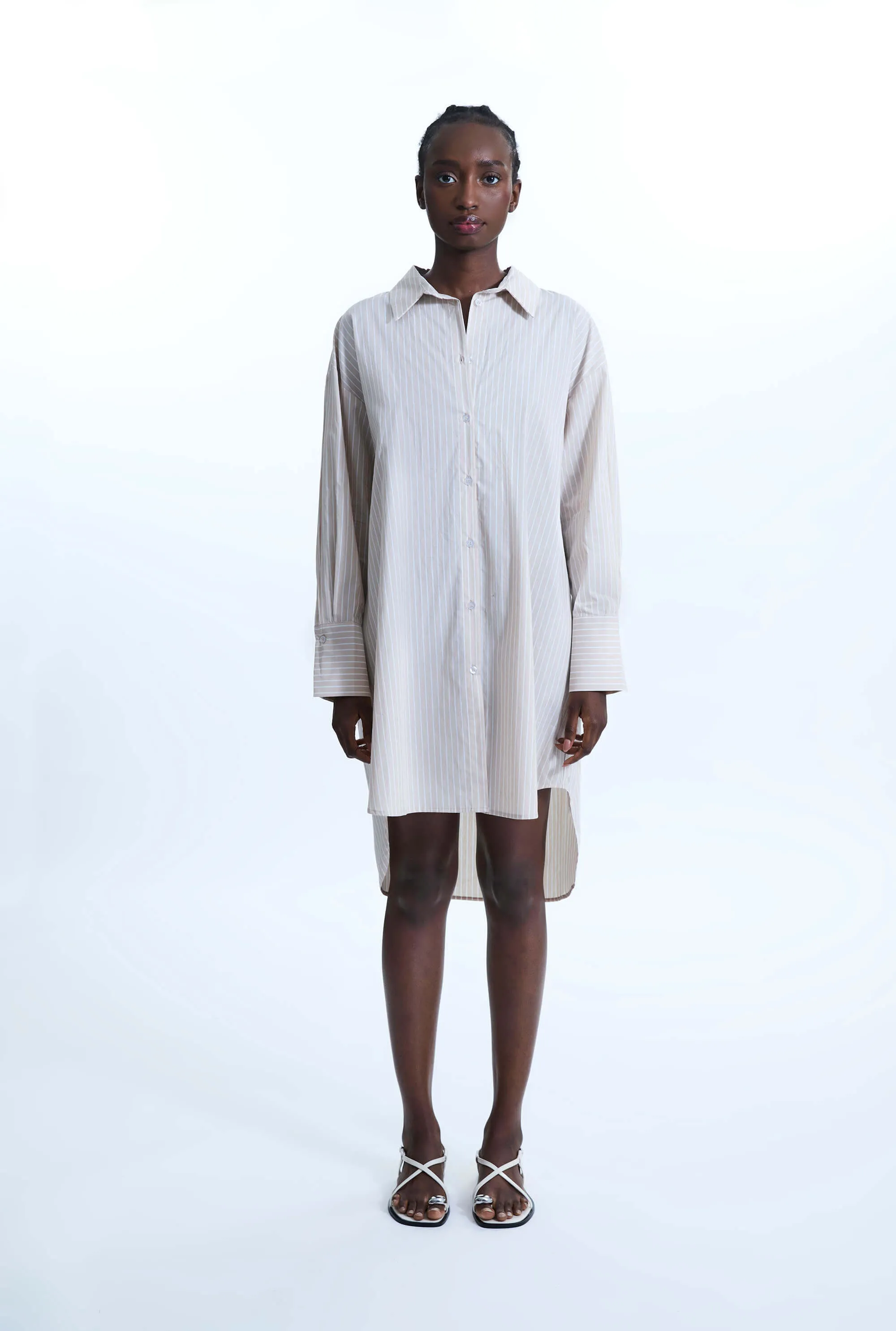 Oversized Stripped Shirt Beige-White