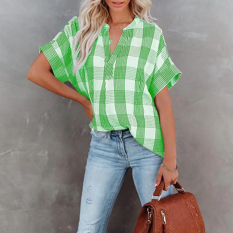 Plaid Color Button Down Loose Blouse Shirt