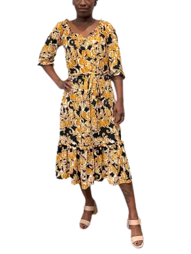 Ruffled Printed Dress with elastic waist and self belt in black and golden yellow scroll print print