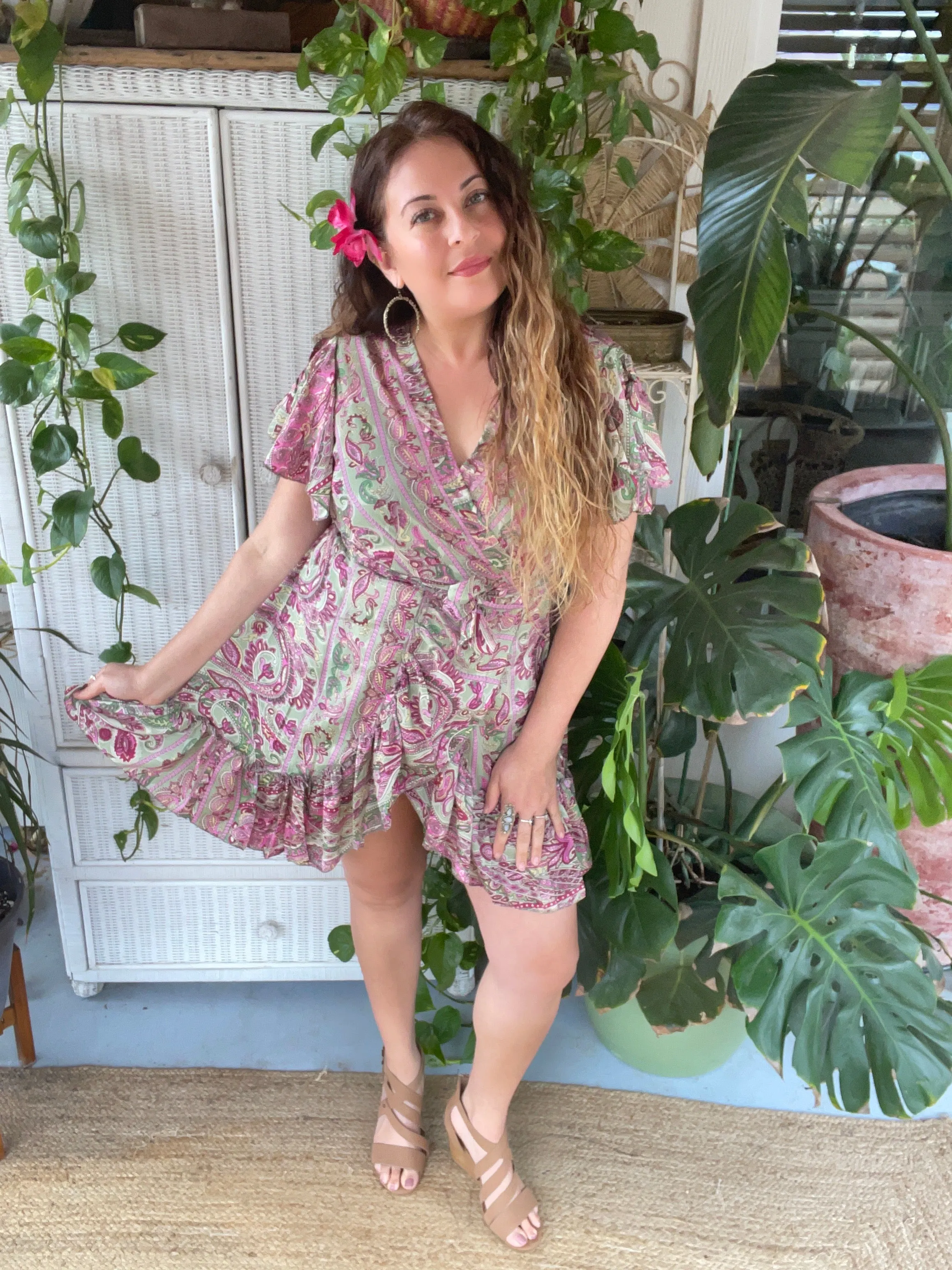 Silk Short Kimono Wrap dress (Green)