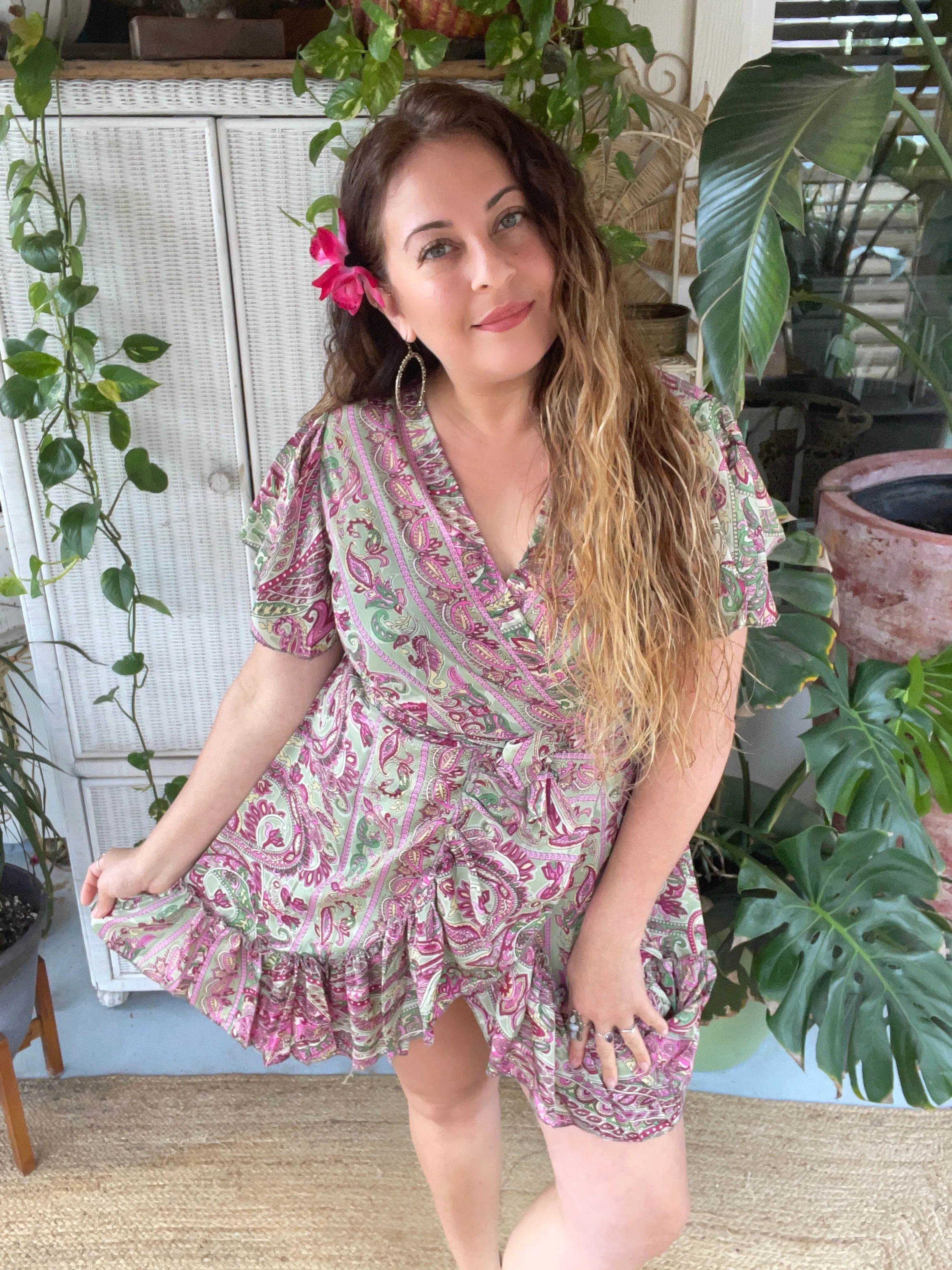 Silk Short Kimono Wrap dress (Green)