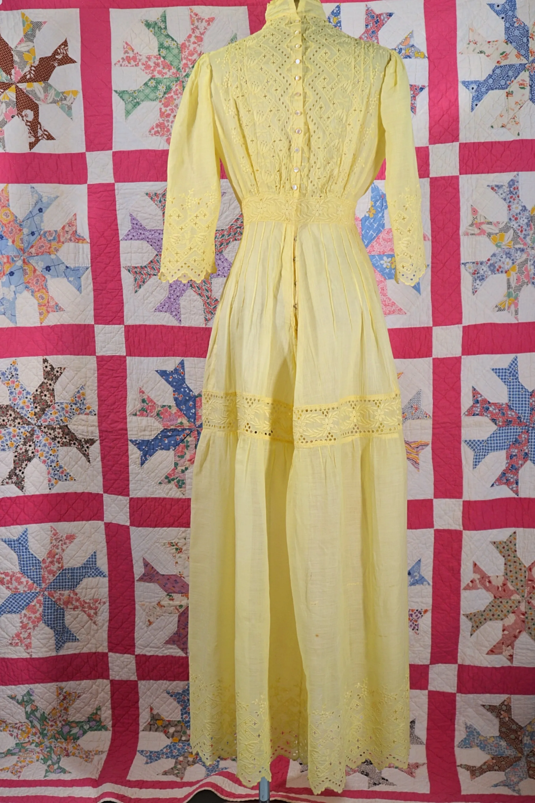 SOLD Yellow Antique Edwardian Eyelet Lace Maxi Dress