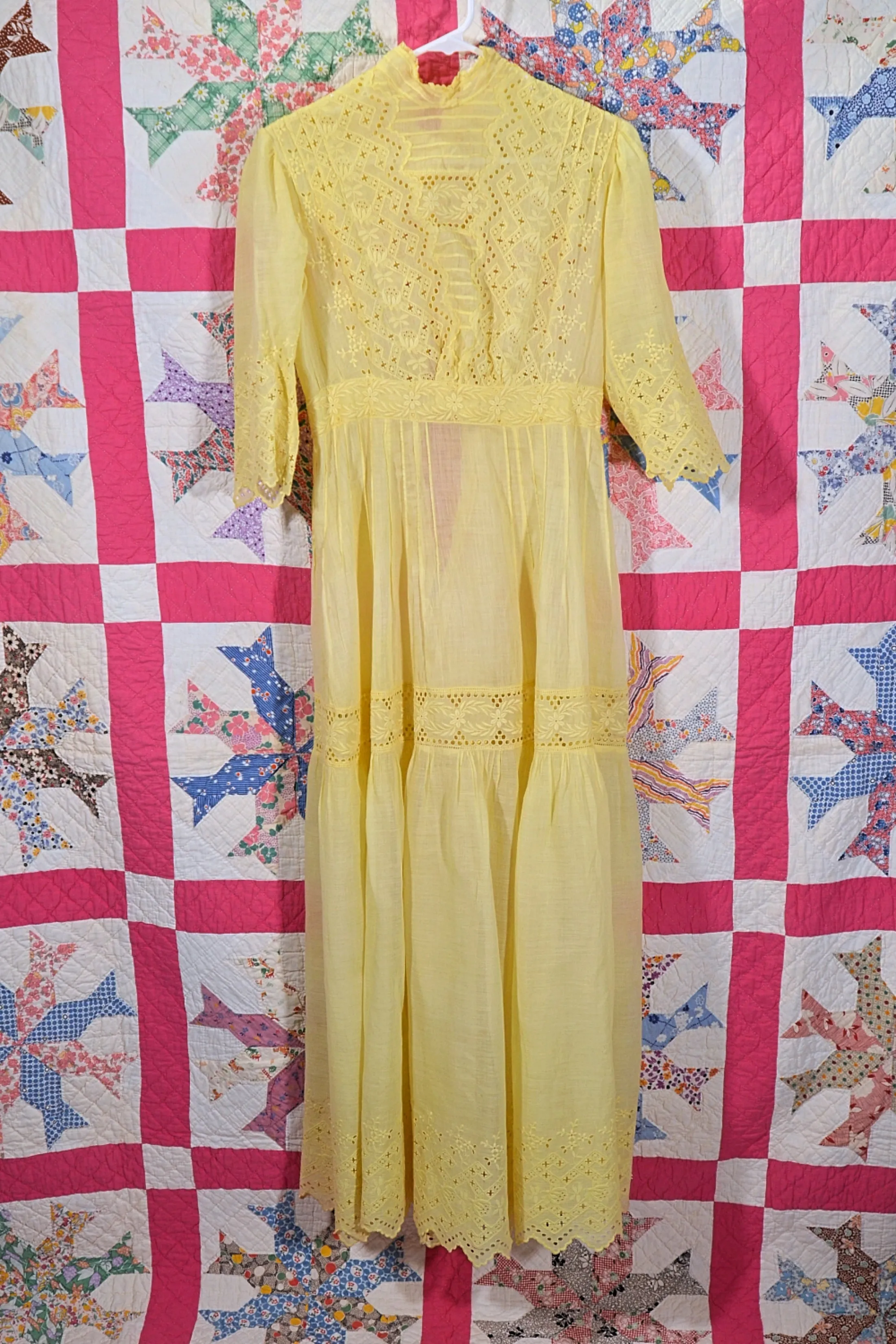 SOLD Yellow Antique Edwardian Eyelet Lace Maxi Dress