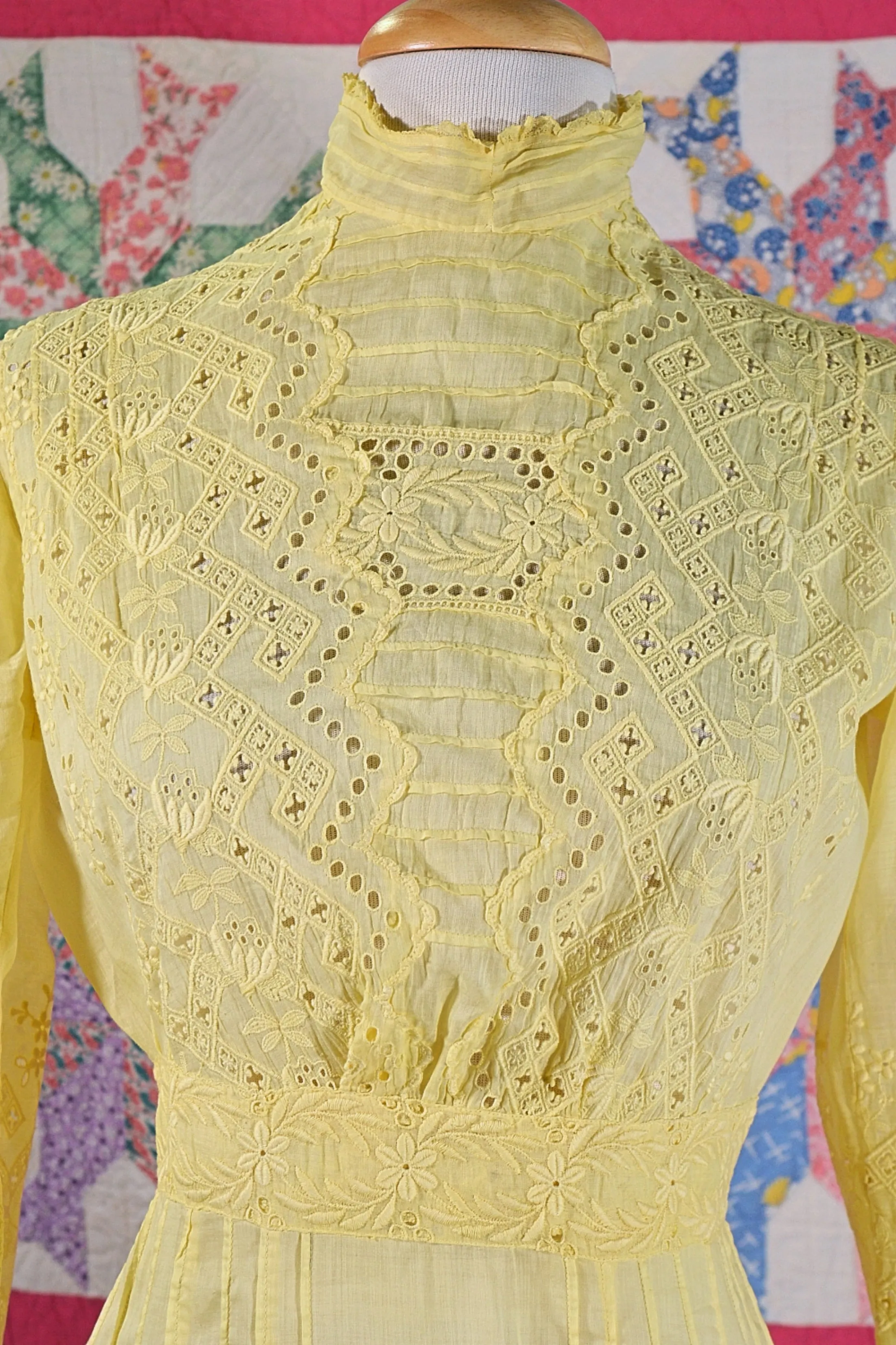 SOLD Yellow Antique Edwardian Eyelet Lace Maxi Dress