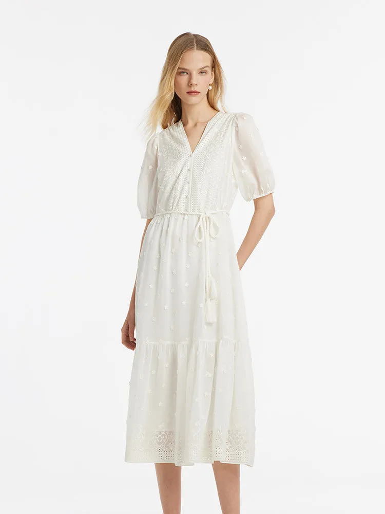 Tencel V-Neck Embroidered Women Maxi Dress With Belt