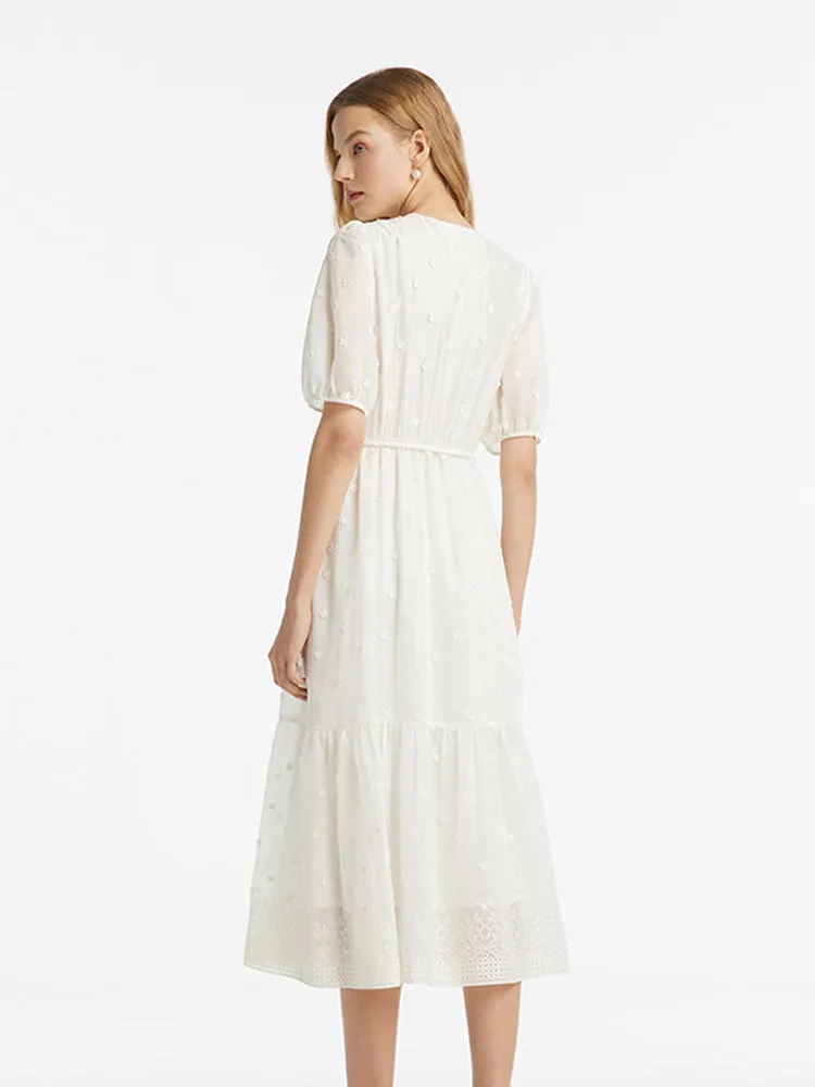 Tencel V-Neck Embroidered Women Maxi Dress With Belt