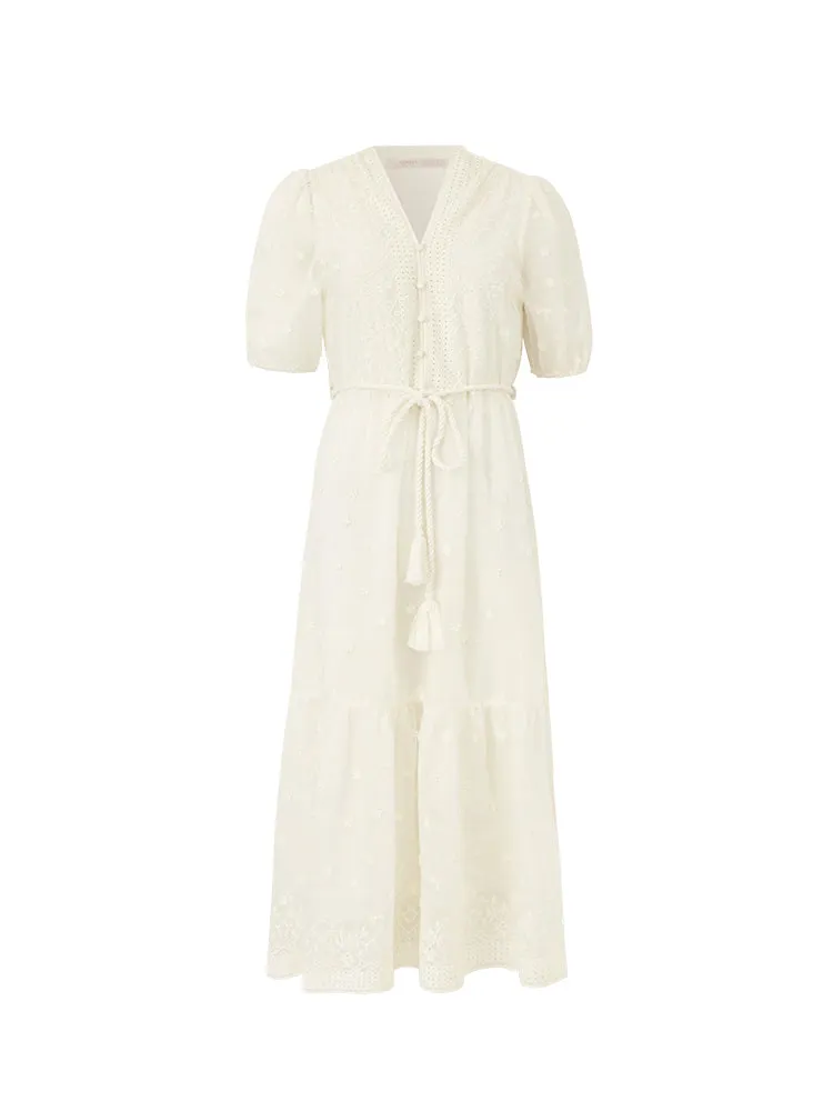 Tencel V-Neck Embroidered Women Maxi Dress With Belt