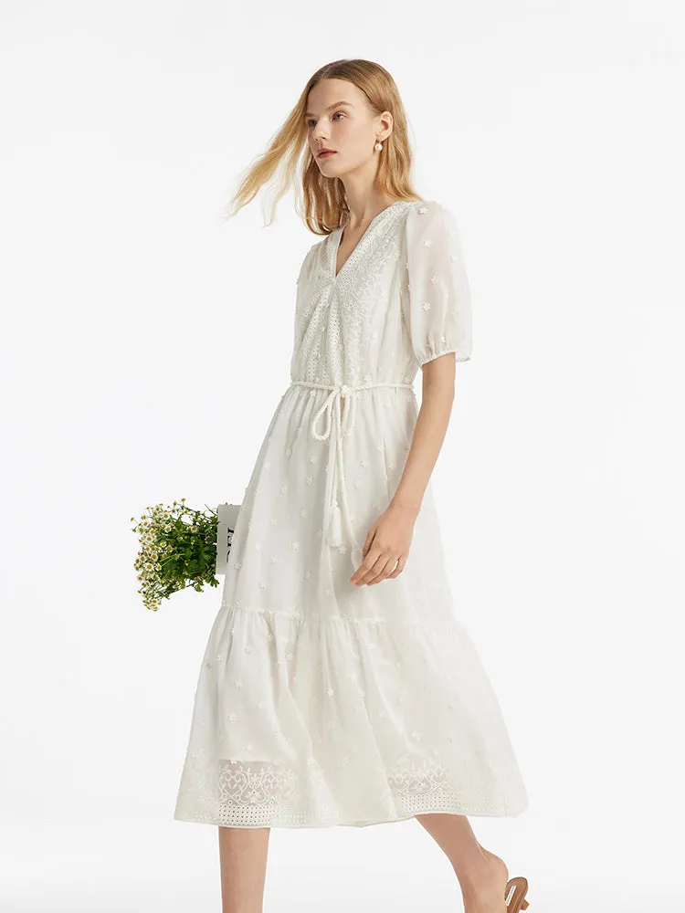 Tencel V-Neck Embroidered Women Maxi Dress With Belt