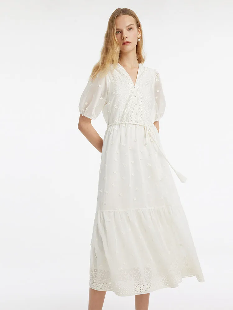 Tencel V-Neck Embroidered Women Maxi Dress With Belt