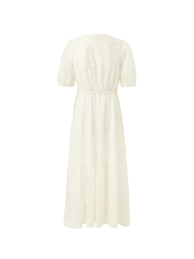Tencel V-Neck Embroidered Women Maxi Dress With Belt