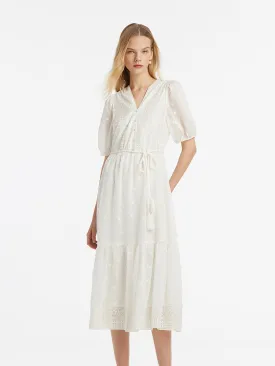 Tencel V-Neck Embroidered Women Maxi Dress With Belt