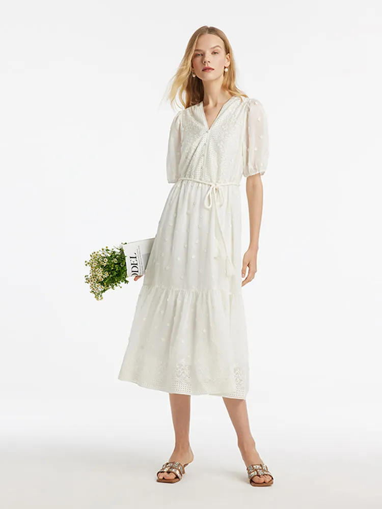 Tencel V-Neck Embroidered Women Maxi Dress With Belt